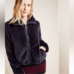 Anthropologie Natasha charcoal navy blue grey faux fur bomber jacket size XS
